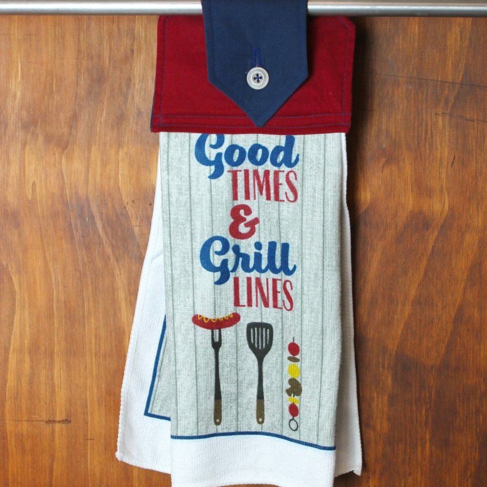 GOOD TIMES & GRILL LINES HAND TOWEL RED & GRAY HANDMADE HANGING KITCHEN TOWEL